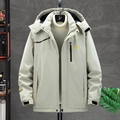 Chaqueta exterior beige para hombre con capucha, bordado y diseño multibolsillos - L / Blanco Roto