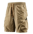 Men's khaki cargo shorts with orange drawstring and large side pockets for outdoors - M / Khaki