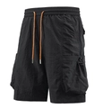 Men's black cargo shorts with high-contrast orange drawstring and large utility pockets - M / Black