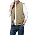 Men's khaki multi-pocket utility vest with stand collar and durable zipper closure - M / Khaki