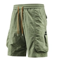 Men's loose cargo shorts in army green featuring elastic waist and orange drawstrings - M / Bean Green