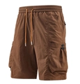 Men's loose cargo shorts in brown with elastic waist and orange drawstring for summer - M / Coffee