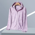 UPF 50+ lavender camo sun protection jacket with hood and tropical leaf pattern - M / Women's Taro Purple