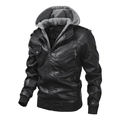 Détail d'une veste en cuir avec capuche grise amovible et poignets en tricot côtelé - S / Noir