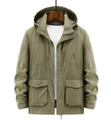 Locker geschnittene olivgrüne Outdoor-Herrenjacke mit Kapuze und praktischen Taschen - M / Khaki