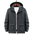 Dunkelgraue Outdoor-Herrenjacke mit Kapuze, windfestem Stoff und großen Cargotaschen - M / Grau