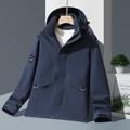 Men's navy blue waterproof hooded outdoor jacket with windproof fabric and arm patch - XXS / Men's Navy Blue