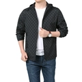 Men's dark grey hooded windbreaker with monogram pattern and full zipper closure - M / Black