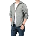 Men's hooded sun protection jacket featuring light grey monogram letter print fabric - M / Light Gray