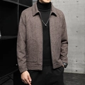 Men's autumn casual lapel jacket in brownish grey textured weave with zipper closure - M / Brown