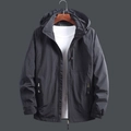 Men's dark grey hooded windbreaker jacket with multiple zip pockets and adjustable cuffs - 5XL / Black
