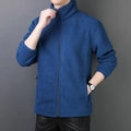 Men's dark blue fleece jacket with high collar and zipper pockets for winter warmth - M / Denim Blue