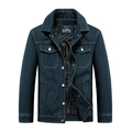 Classic dark blue denim jacket for men with casual turn-down collar and world map lining - M / Blue