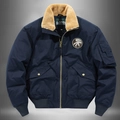 Men's winter navy corduroy bomber jacket with warm fleece collar and embroidery - M / Blue