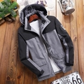Waterproof outdoor hooded jacket in grey and black patchwork with multi-pocket utility - L / Heather Grey