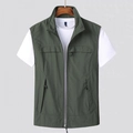 Chaleco de pesca exterior verde oscuro para hombre con cuello alto y múltiples bolsillos - M / Verde Militar