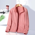 Women's pink polar fleece jacket with stand collar and warm plush lining zipper closure - M / Pink