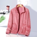 Women's pink fleece zip-up jacket with stand collar and pockets in a cozy plush finish - M / Watermelon red