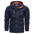 Men's outdoor hooded jacket in navy blue with orange lining and utility pockets - M / Blue