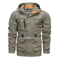 Men's khaki hooded outdoor jacket with orange lining and multi-pocket utility design - M / Khaki