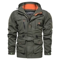 Army green men's hooded outdoor jacket with orange lining and multiple functional pockets - M / Army Green
