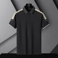 Men's short sleeve black polo shirt with beige shoulder piping and high-quality knit texture - M / Black