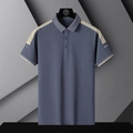 Men's ice-silk polo shirt in dusty blue with grey patchwork sleeves and embroidery - M / Grey Blue
