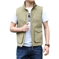 Gilet da uomo kaki multitasche per outdoor e pesca con colletto alla coreana e zip - M / Cachi