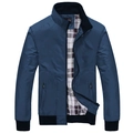 Men's navy blue casual bomber jacket with stand collar and classic plaid lining - M / Dark Blue