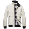 Beige men's stand-collar bomber jacket with black ribbed trim and classic plaid lining - M / Khaki