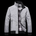Men's casual light gray stand-collar jacket with black ribbed trim and plaid lining - M / Light Gray