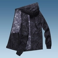 Men's ice silk sun protection jacket with dark blue tropical leaf print and hood - M / Maple Black