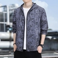 Men's light grey sun protection jacket with tropical leaf print and hood detail - M / Dark Gray