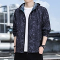 Men's dark grey hooded sun protection jacket with black palm leaf tropical print design - M / Black