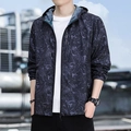 Men's dark grey hooded sun-protective jacket with tropical leaf print and zip closure - M / Black