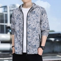 Men's ice silk sun protection jacket with tropical leaf print and hood in grey blue - M / Light Gray
