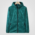 Men's dark green thin sun protection jacket with tropical leaf print and hood - M / Green Maple Leaf