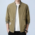 Men's olive green bomber jacket with ribbed collar and metal zipper in casual style - M / Khaki