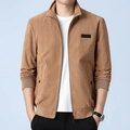 Men's khaki corduroy jacket with stand collar and minimalist chest patch - M / Khaki/Earth Yellow