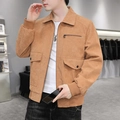 Caramel corduroy jacket with classic collar, zipper closure and large flap pockets - M / Khaki/Earth Yellow