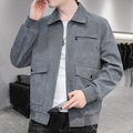 Men's casual grey corduroy jacket featuring a turndown collar and ribbed cuffs design - M / Gray