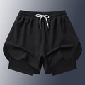 Men's 2-in-1 black running shorts with white drawstring and compression inner layer - S / Black
