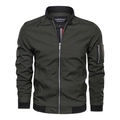 Front view of men's slim fit olive green bomber jacket with rib-knit collar and sleeve pocket - M / Army Green
