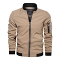 Classic khaki bomber jacket with black ribbed trim and utility sleeve pocket - M / Khaki