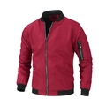 Men's slim fit bomber jacket in deep red with black ribbed trim and sleeve pocket - M / Burgundy