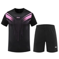 Completo sportivo da uomo con maglietta RUN nera e pantaloncini, motivo sfumato viola - Taglia M / Nero rosa