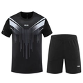 Schwarzes Sport-Set für Herren mit kurzärmeligem RUN-T-Shirt und passender kurzer Sporthose - M / Dunkelgrau
