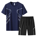 Ensemble t-shirt de sport bleu foncé et short noir pour homme avec motifs géométriques - M / Haut Et Bas / Bleu foncé
