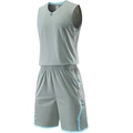 Men's gray breathable basketball jersey set with sky blue trim in size 2XL - L / Gray
