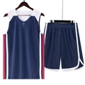 Navy blue breathable basketball jersey and shorts set with red and white athletic stripes - L / Navy Blue